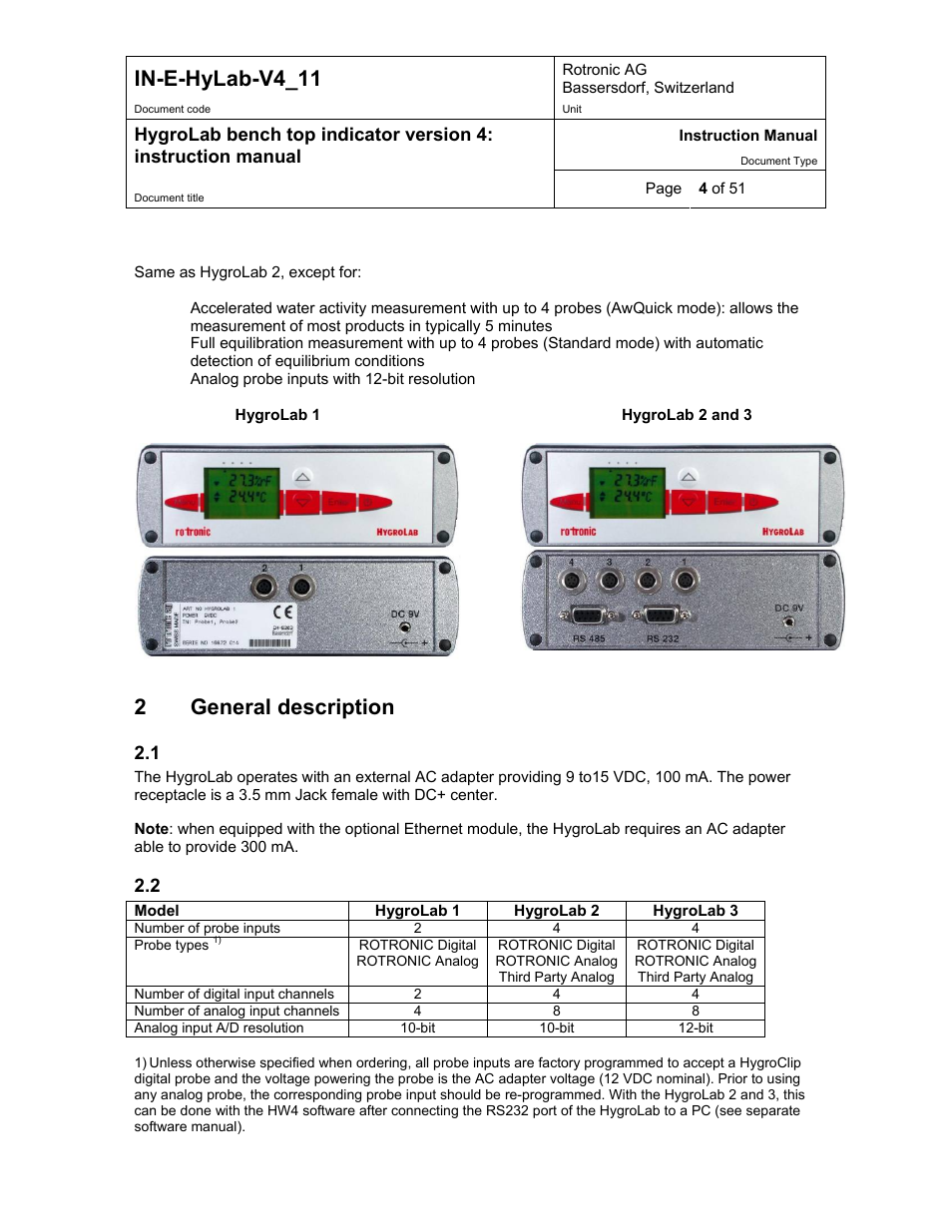 Hygrolab 1 hygrolab 2 and 3, General description, Power requirements | Probes and probe inputs, In-e-hylab-v4_11, 2general description, 1 power requirements, 2 probes and probe inputs | ROTRONIC HygroLab User Manual | Page 4 / 51