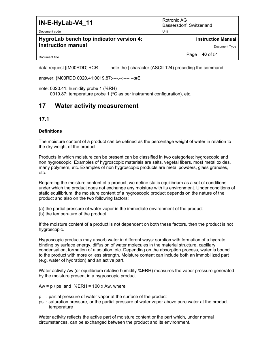 Water activity measurement, Water activity: definition and applications, In-e-hylab-v4_11 | 17 water activity measurement | ROTRONIC HygroLab User Manual | Page 40 / 51