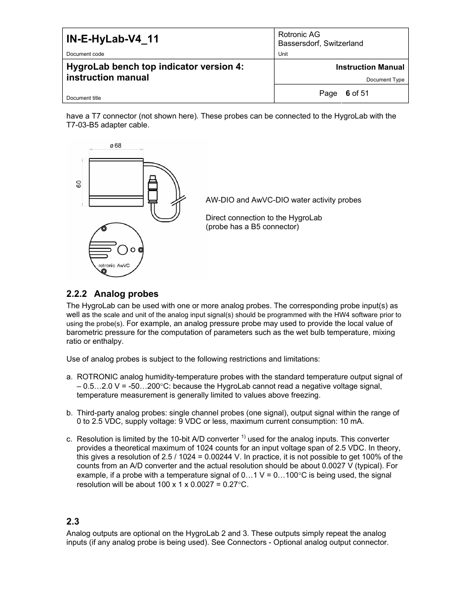 Analog probes, Analog outputs (optional), In-e-hylab-v4_11 | ROTRONIC HygroLab User Manual | Page 6 / 51