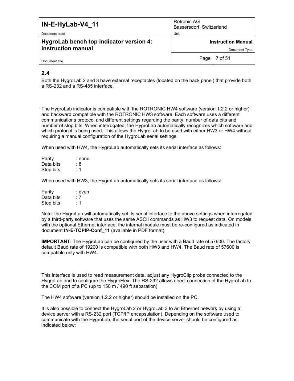 Serial interface (hygrolab 2 and 3), In-e-hylab-v4_11 | ROTRONIC HygroLab User Manual | Page 7 / 51