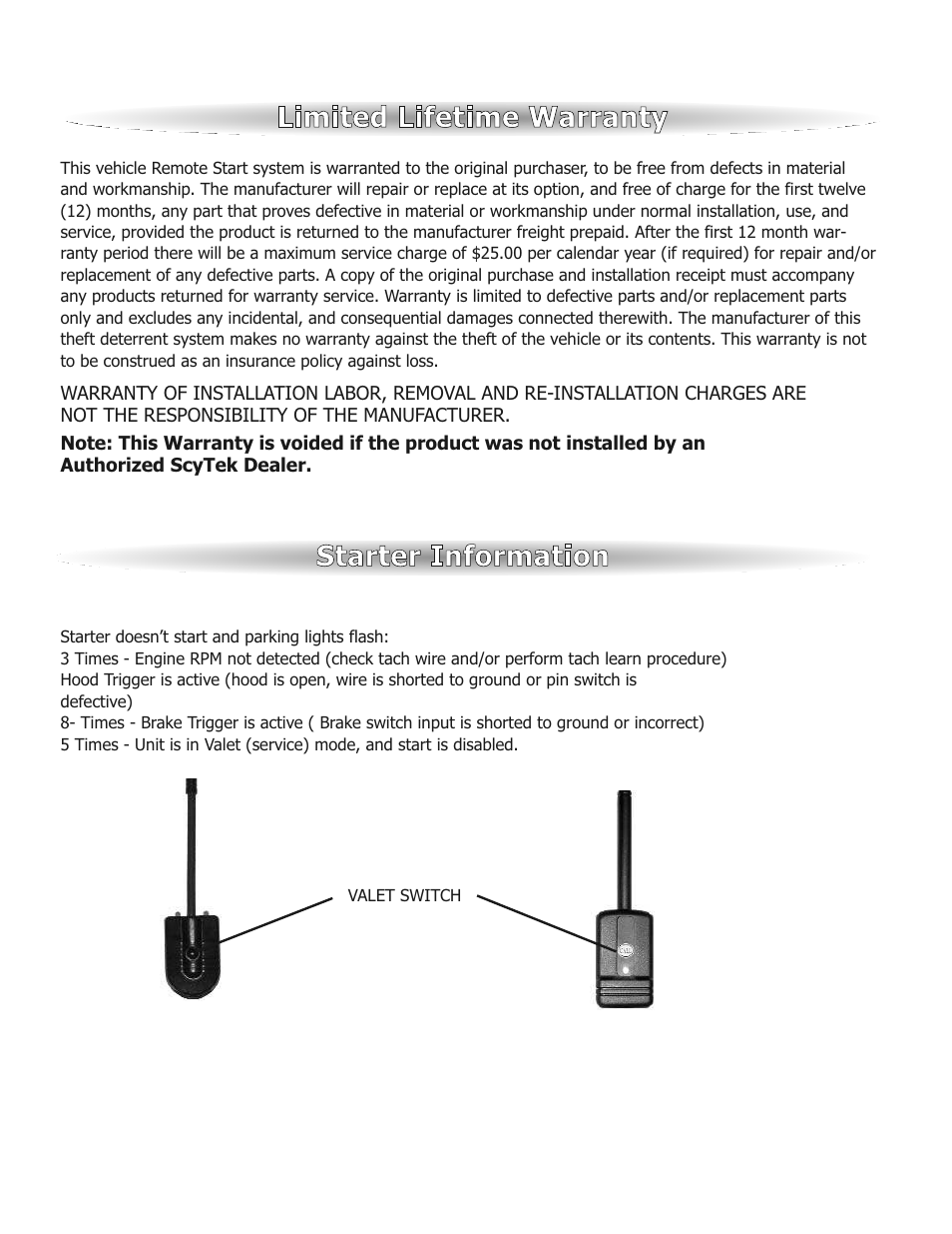 Limited lifetime warranty starter information | ScyTek Electronics ASTRA 300RS User Manual | Page 2 / 12