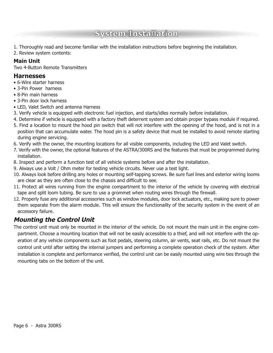 System installation, Harnesses, Mounting the control unit | ScyTek Electronics ASTRA 300RS User Manual | Page 6 / 12