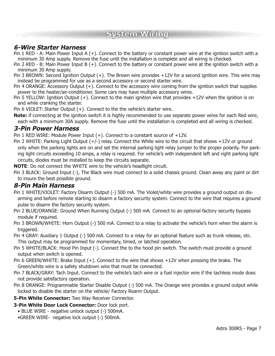 System wiring, Wire starter harness, Pin power harness | Pin main harness | ScyTek Electronics ASTRA 300RS User Manual | Page 7 / 12