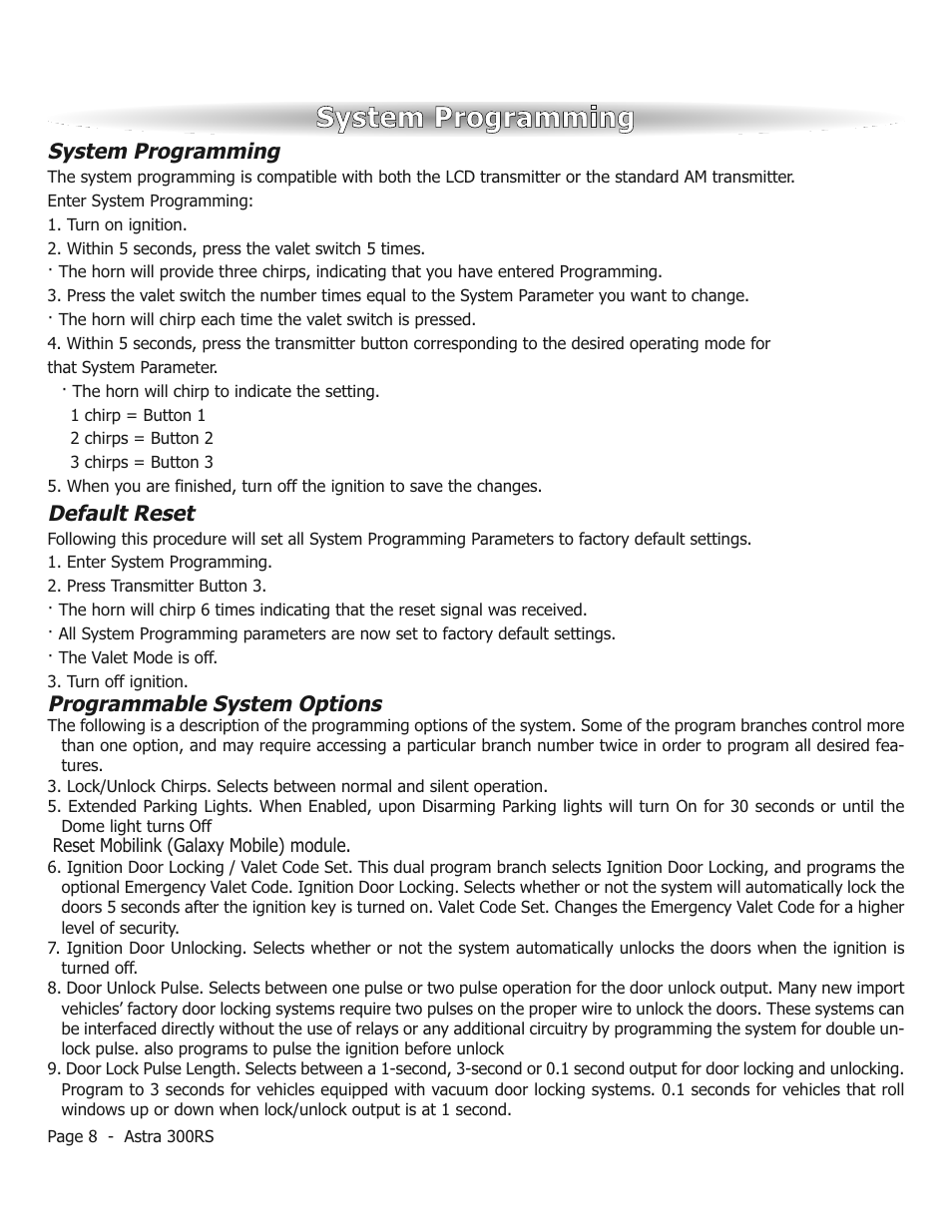 System programming, Default reset, Programmable system options | ScyTek Electronics ASTRA 300RS User Manual | Page 8 / 12