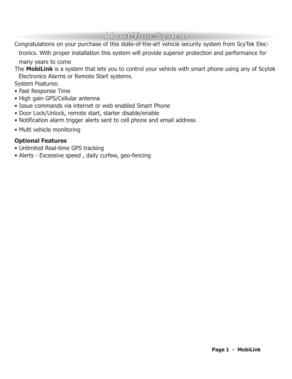 Aab bo ou utt y yo ou urr s sy ys stte em m | ScyTek Electronics MobiLink GPS User Manual | Page 4 / 19