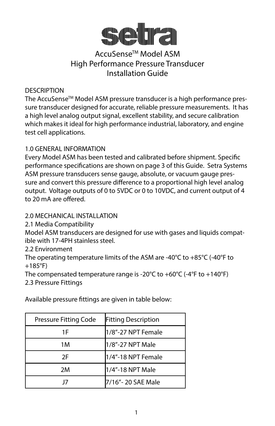 Setra System Model ASM User Manual | 8 pages