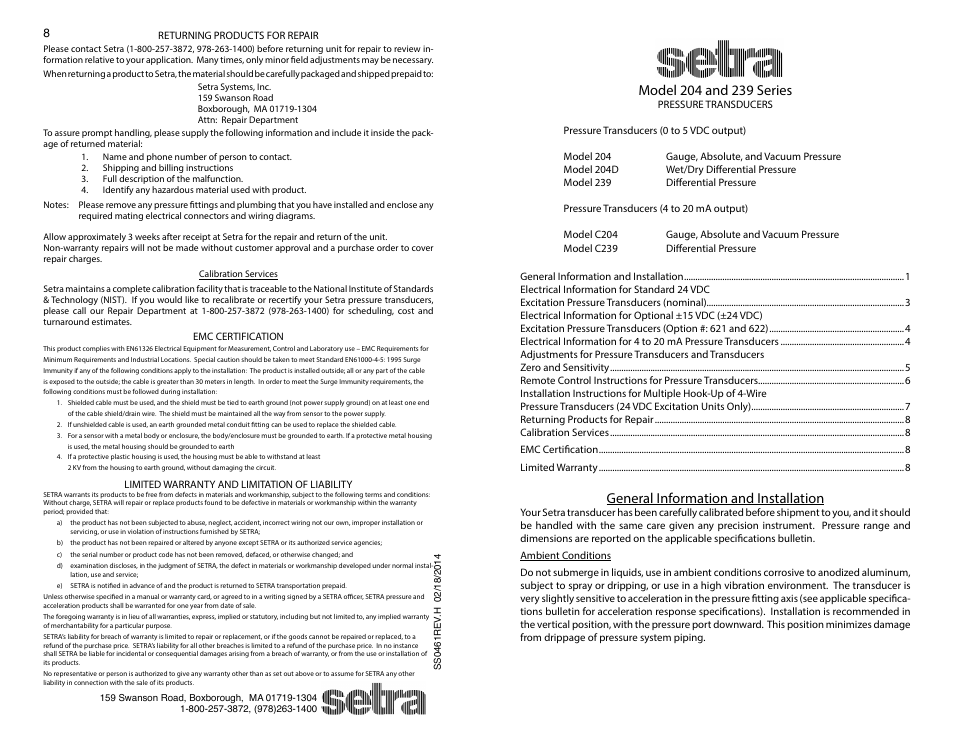Setra System Model 204D User Manual | 4 pages