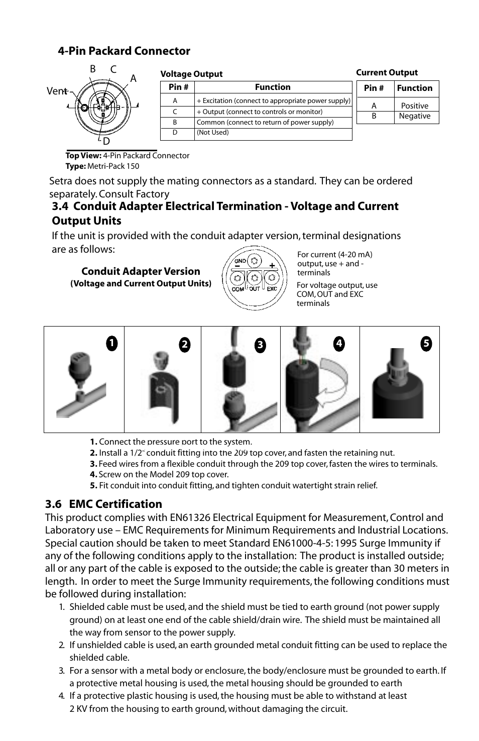 Pin packard connector, 6 emc certification | Setra System Model 209 User Manual | Page 3 / 4