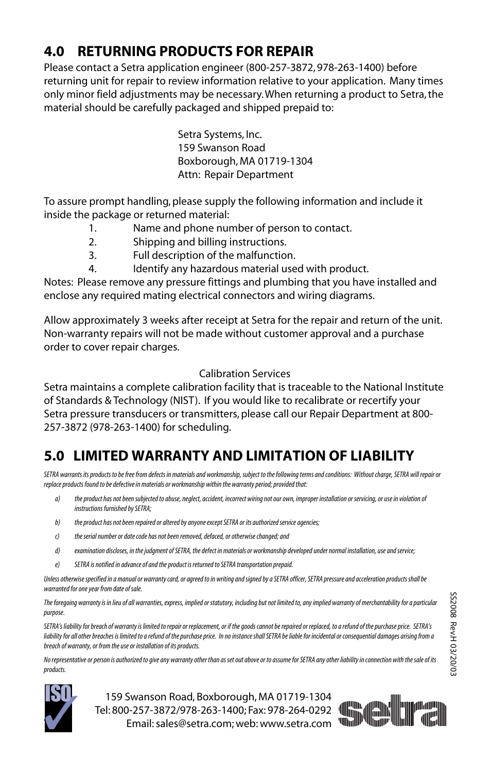 0 returning products for repair, 0 limited warranty and limitation of liability | Setra System Model 209 User Manual | Page 4 / 4