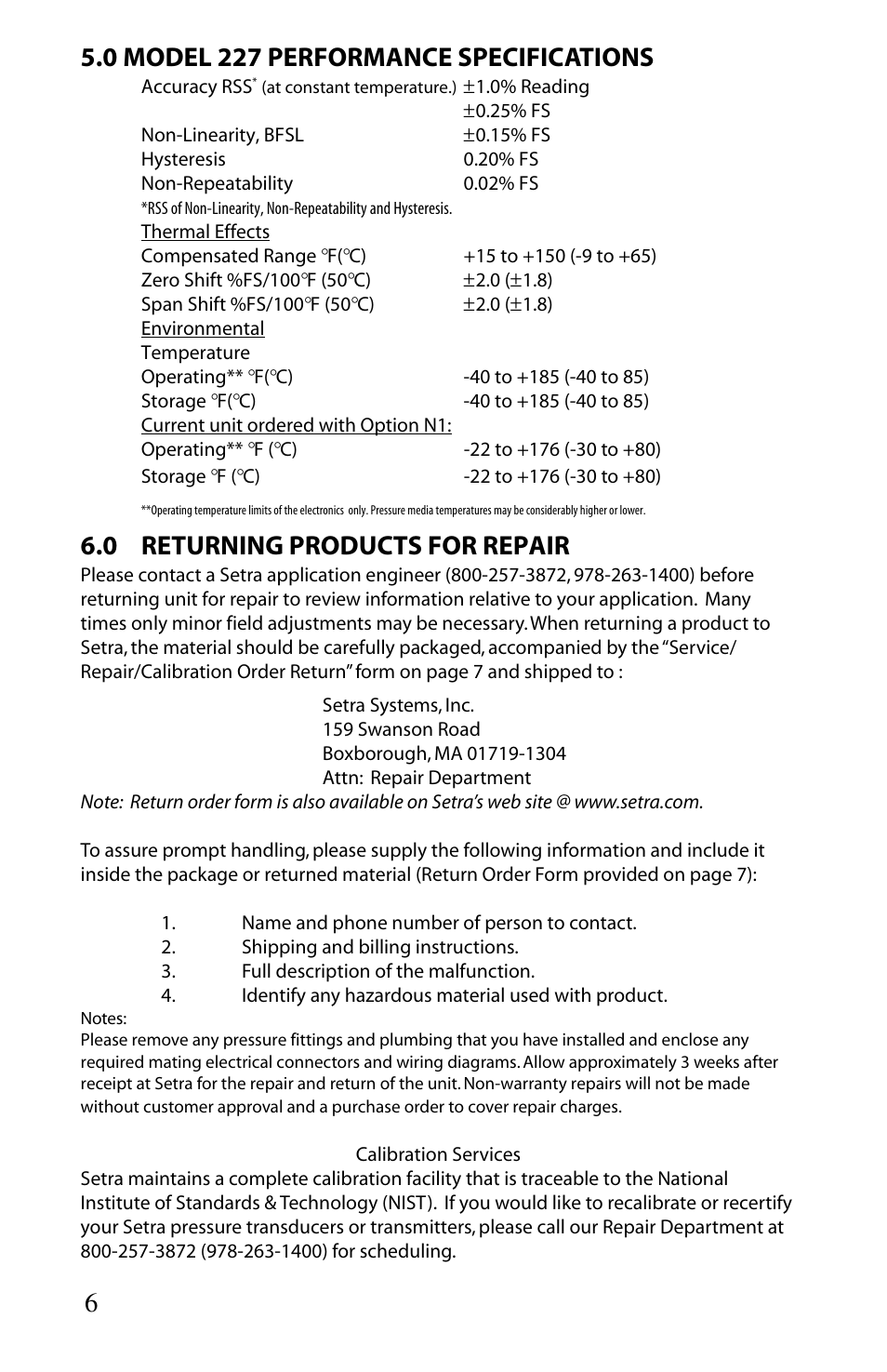 0 model 227 performance specifications, 0 returning products for repair | Setra System Model 227 User Manual | Page 6 / 8