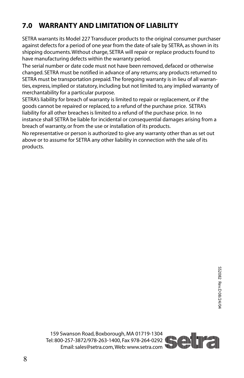 0 warranty and limitation of liability | Setra System Model 227 User Manual | Page 8 / 8