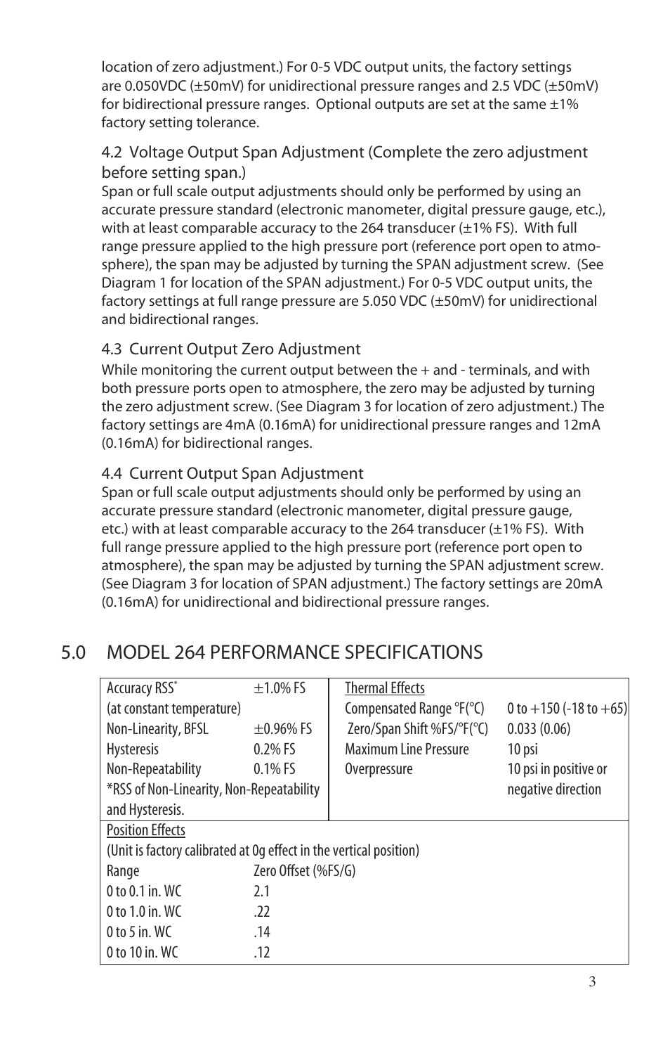 0 model 264 performance specifications | Setra System 264 User Manual | Page 3 / 4
