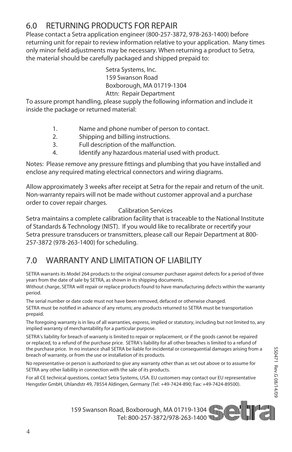 0 returning products for repair, 0 warranty and limitation of liability | Setra System 264 User Manual | Page 4 / 4