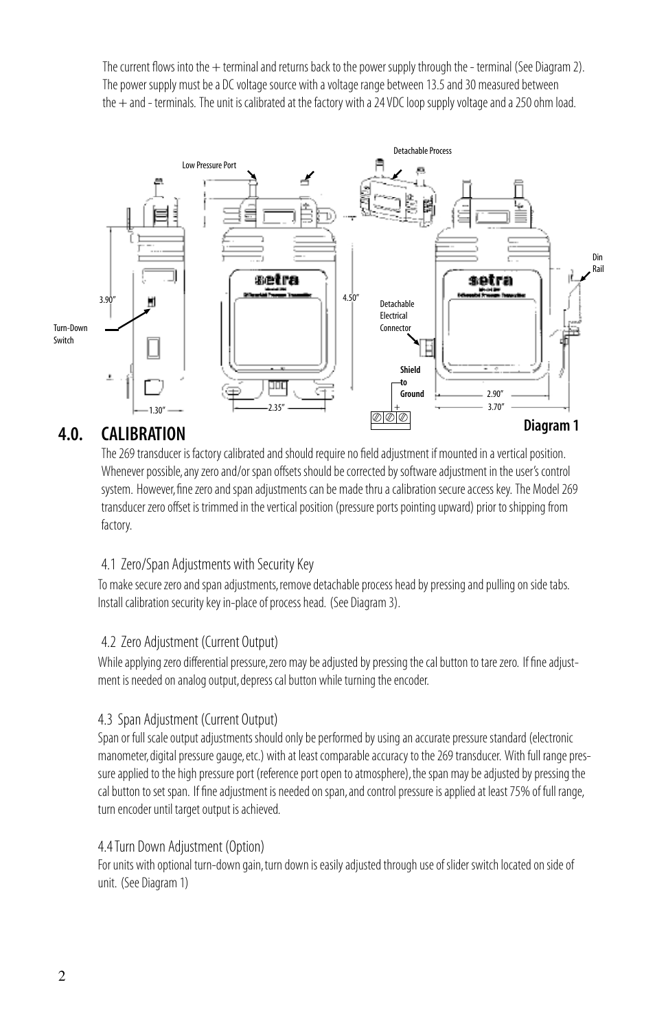 Calibration, 1 zero/span adjustments with security key, 2 zero adjustment (current output) | 3 span adjustment (current output), 4 turn down adjustment (option), Diagram 1 | Setra System 269 User Manual | Page 2 / 4
