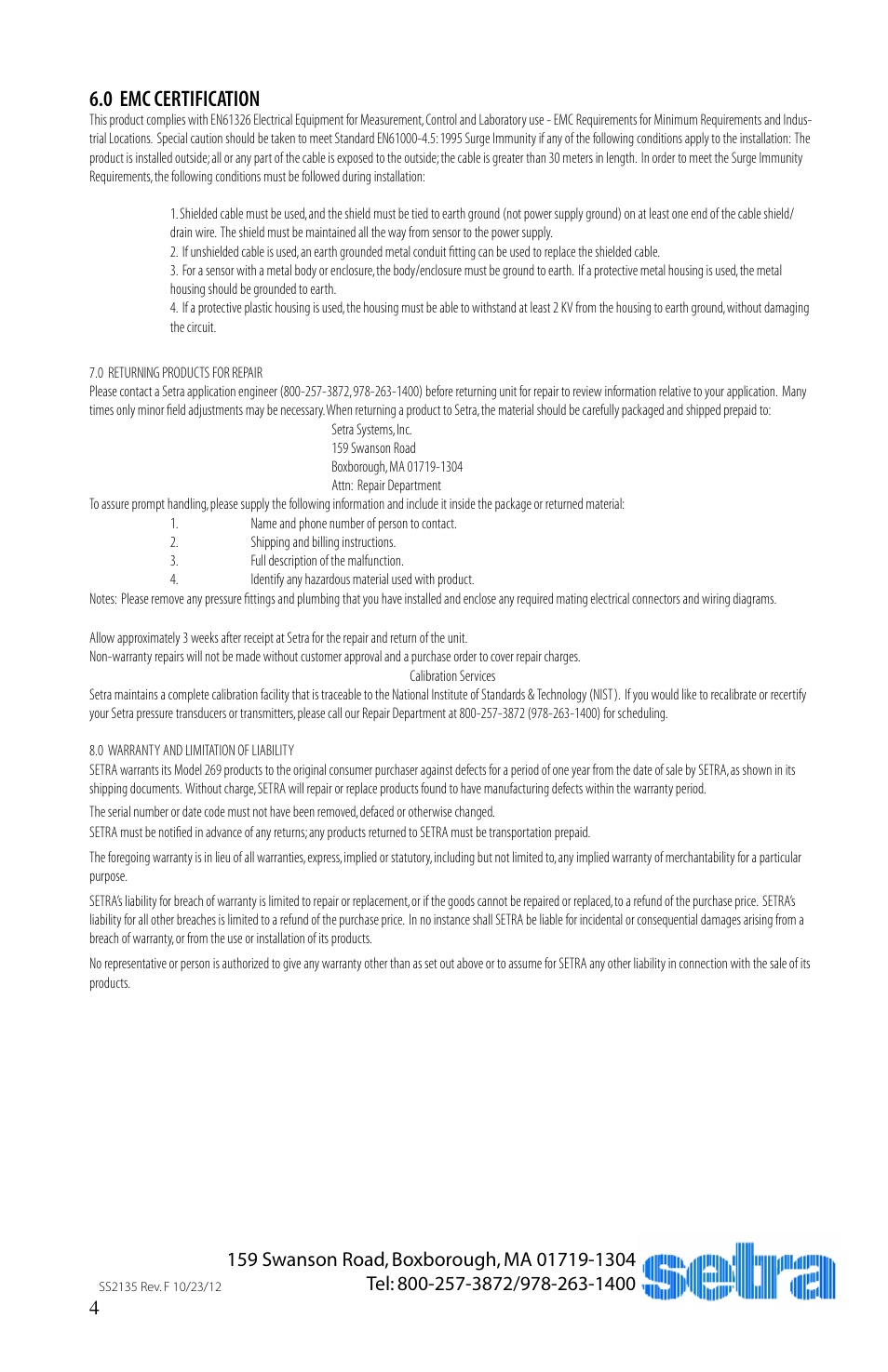 0 emc certification | Setra System 269 User Manual | Page 4 / 4