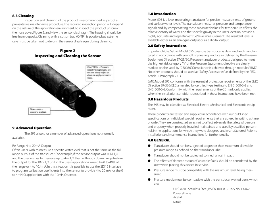 0 introduction, 0 safety instructions, 0 hazardous products | 0 general, 3 cleaning, Advanced operation | Setra System Model 595 User Manual | Page 3 / 8