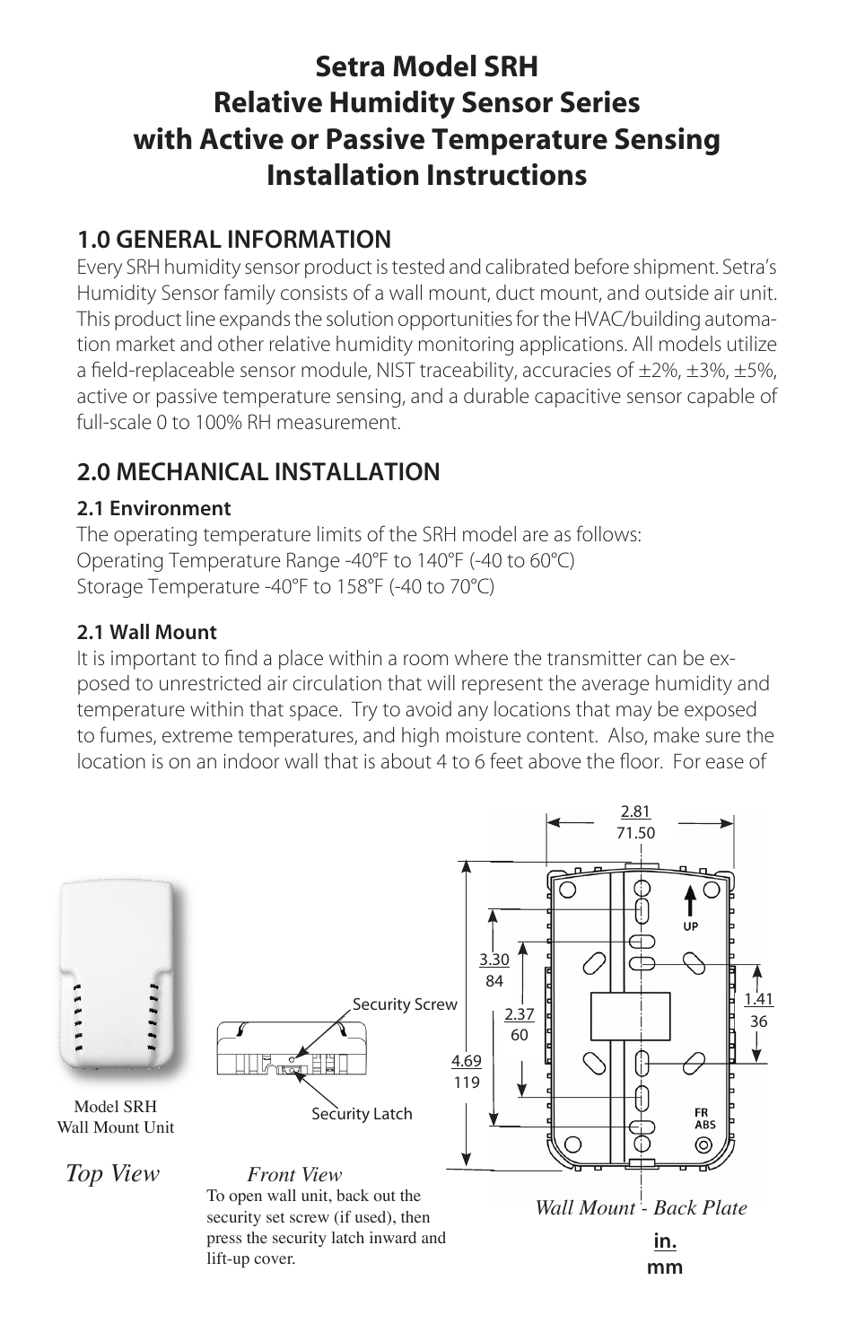 Setra System Model SRH User Manual | 12 pages
