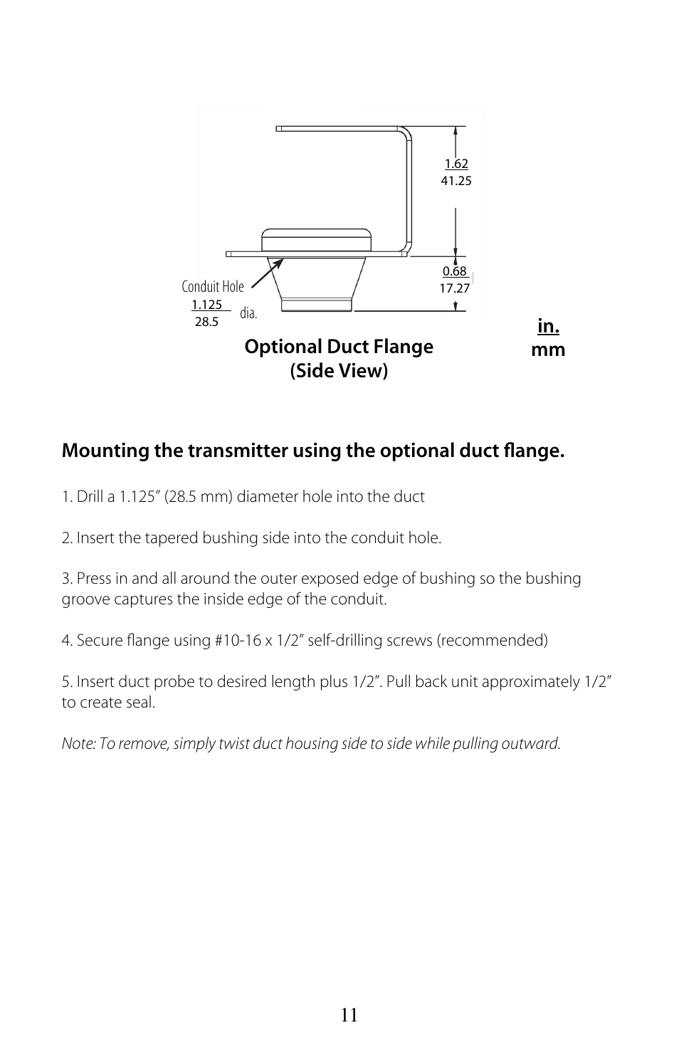 11 optional duct flange (side view), In. mm | Setra System Model SRH User Manual | Page 11 / 12