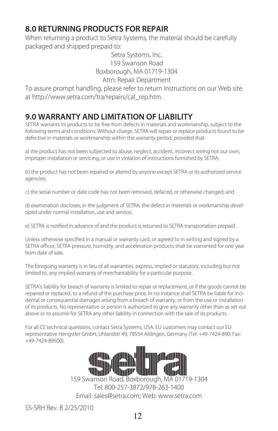 0 returning products for repair, 0 warranty and limitation of liability | Setra System Model SRH User Manual | Page 12 / 12