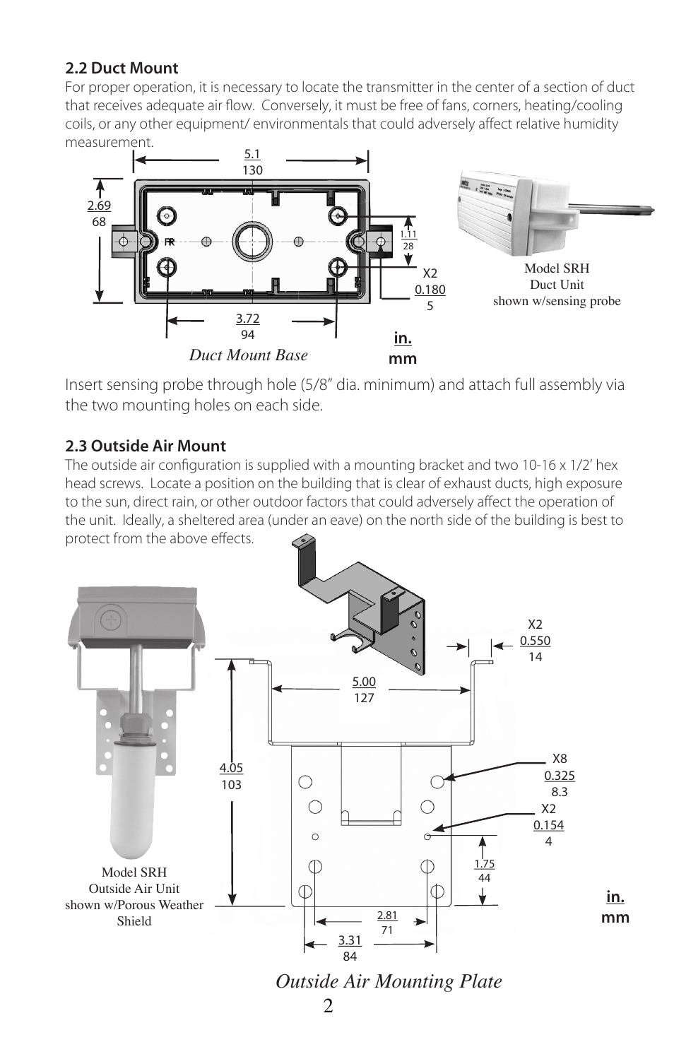 Outside air mounting plate, Duct mount base, In. mm in. mm | 2 duct mount | Setra System Model SRH User Manual | Page 2 / 12