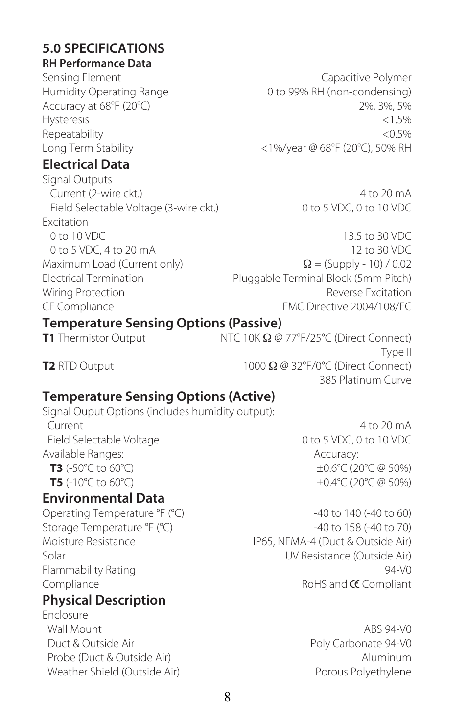 0 specifications, Electrical data, Temperature sensing options (passive) | Temperature sensing options (active), Environmental data, Physical description | Setra System Model SRH User Manual | Page 8 / 12