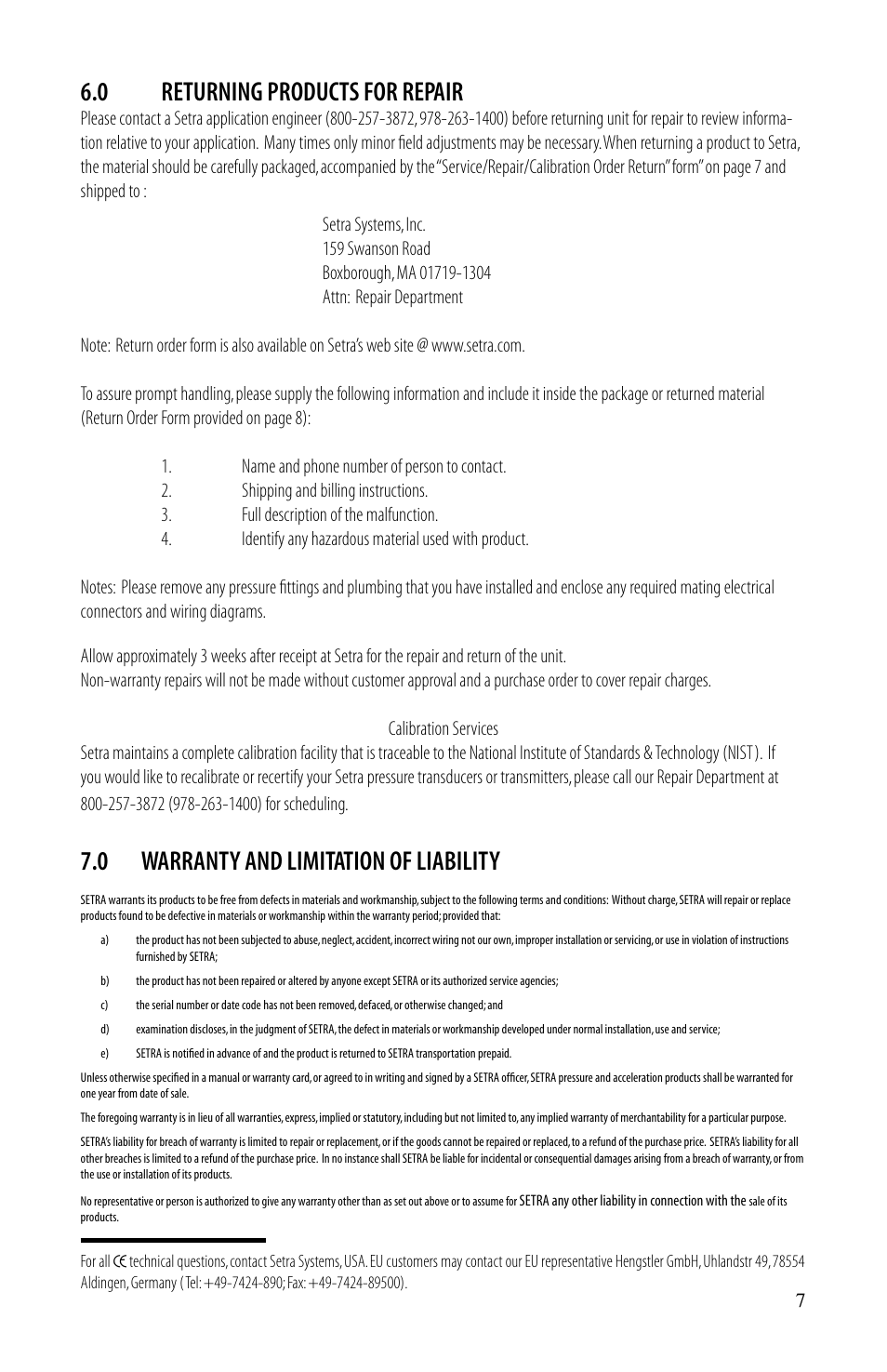 0 returning products for repair, 0 warranty and limitation of liability | Setra System Model 217 User Manual | Page 7 / 8