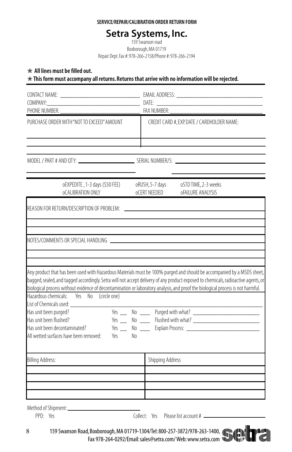 Setra systems, inc | Setra System Model 217 User Manual | Page 8 / 8
