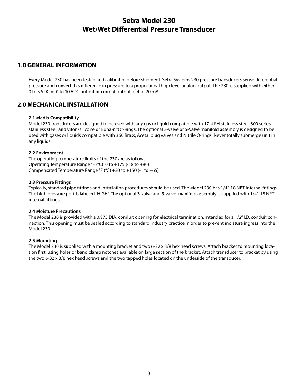 0 general information, 0 mechanical installation | Setra System Model 230 User Manual | Page 3 / 12