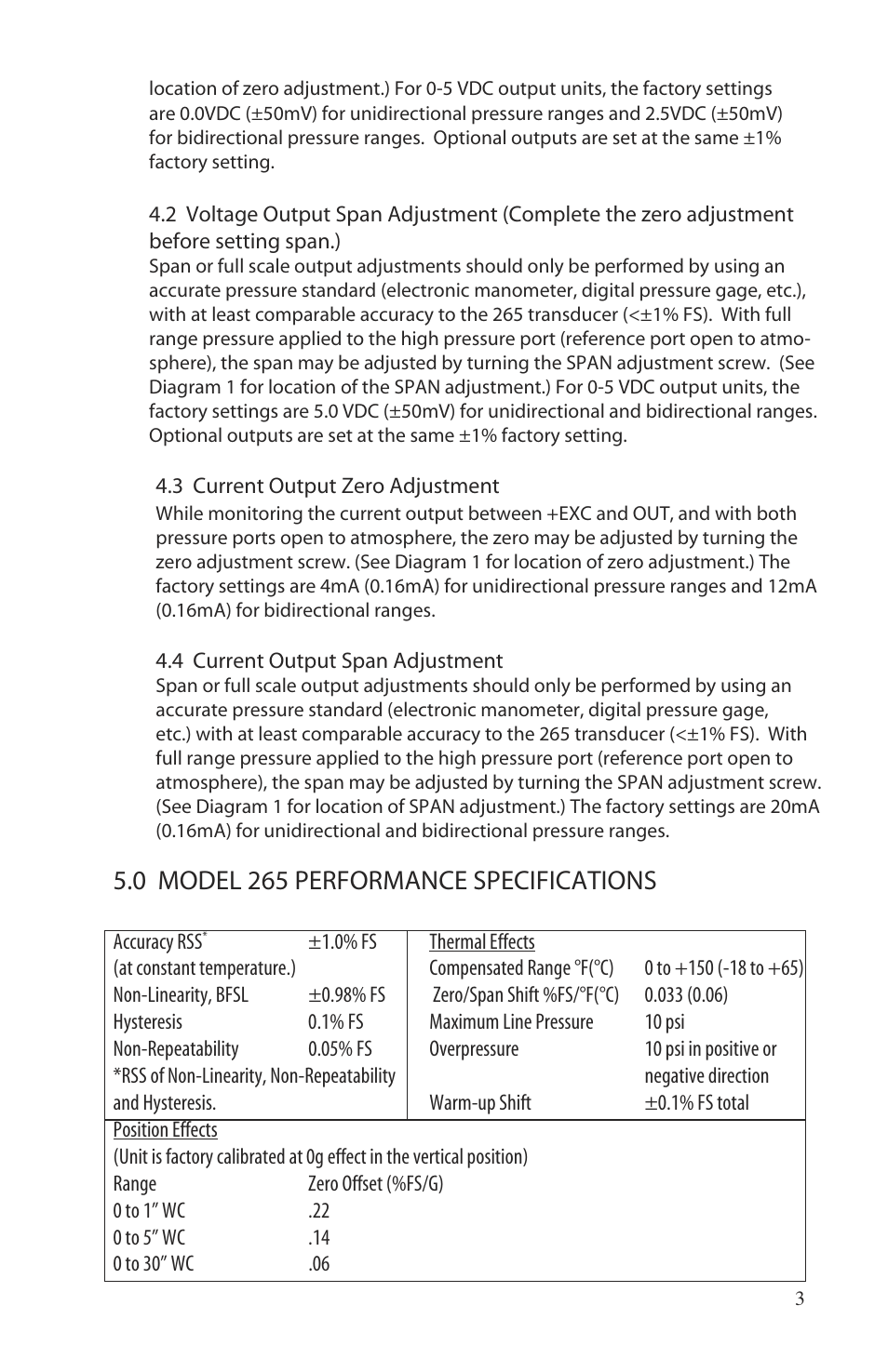 0 model 265 performance specifications | Setra System Model 265 User Manual | Page 3 / 4