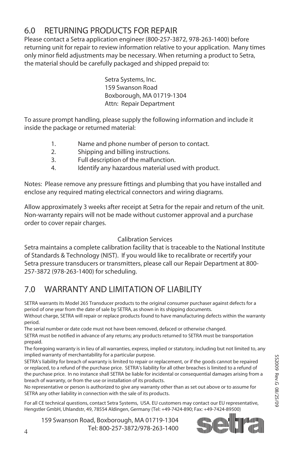 0 returning products for repair, 0 warranty and limitation of liability | Setra System Model 265 User Manual | Page 4 / 4