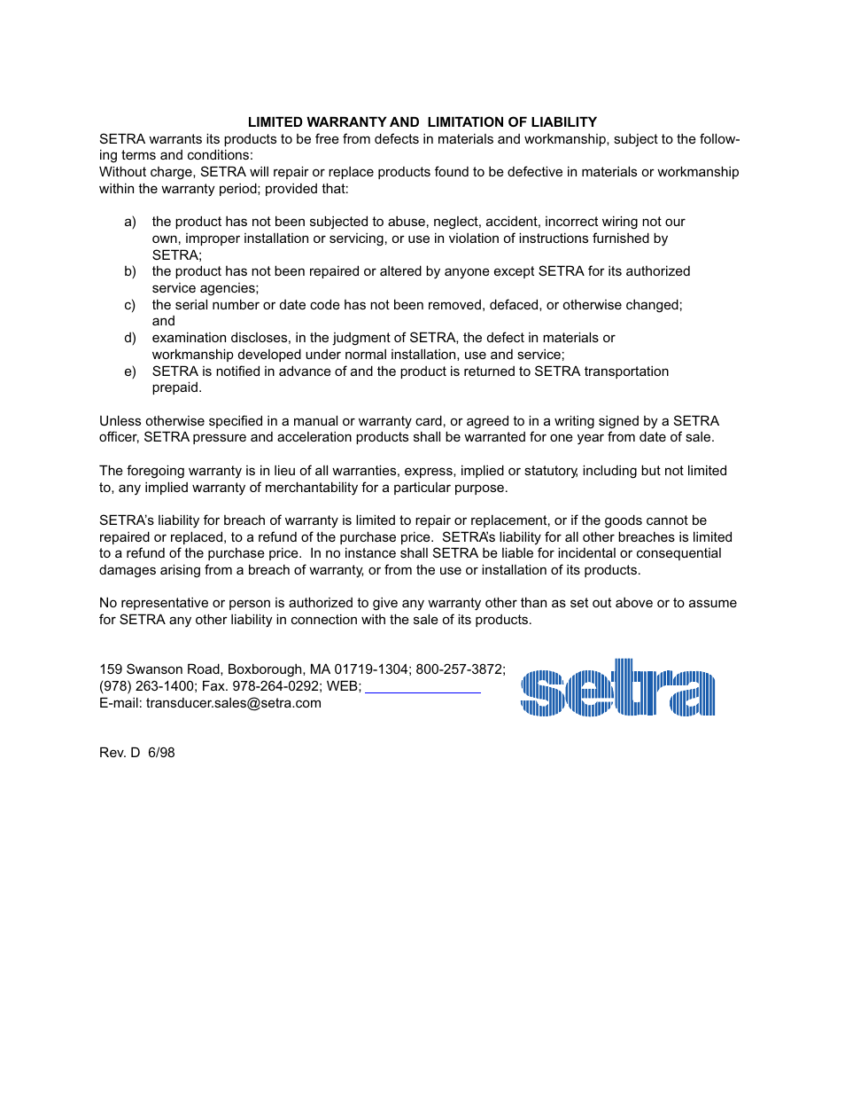 Setra System Model 270 User Manual | Page 5 / 5