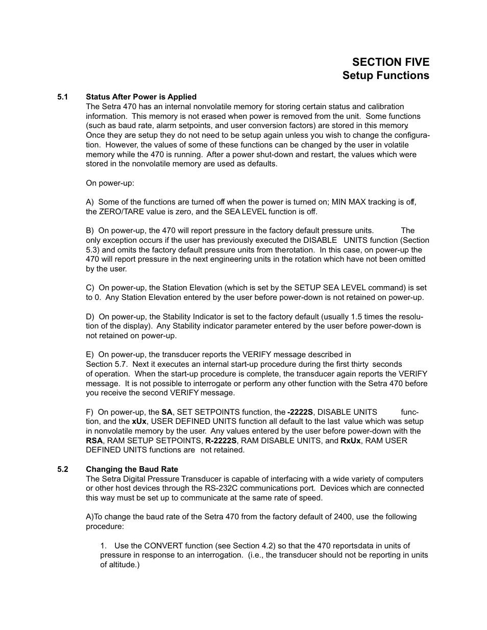 Section five: setup functions, 1 status after power is applied, 2 changing the baud rate | Section five: setup functions 5.1, Status after power is applied, Changing the baud rate | Setra System Model 470 User Manual | Page 21 / 35