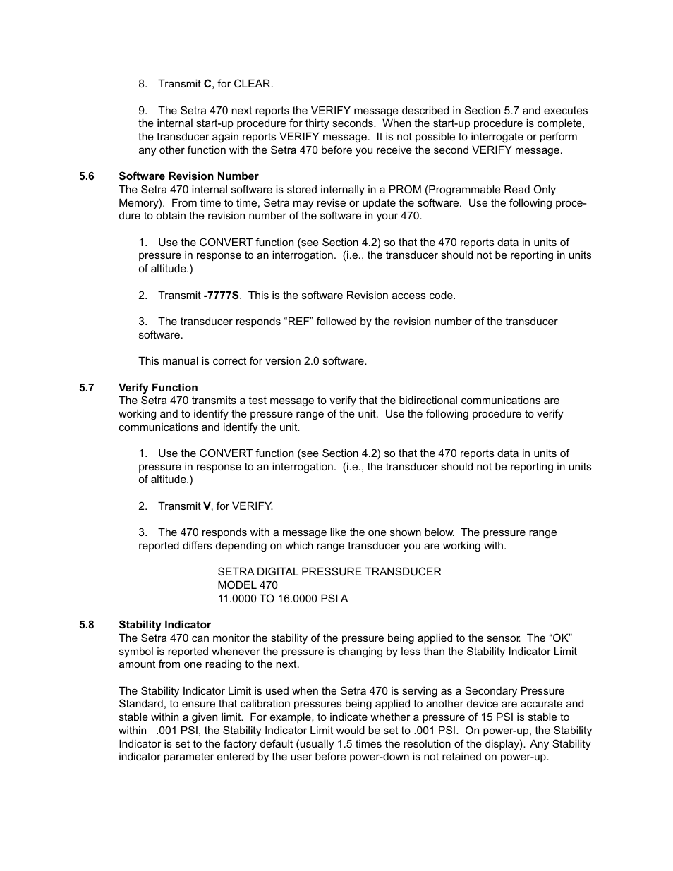 6 software revision number, 7 verify function, 8 stability indicator | Software revision number, Verify function, Stability indicator | Setra System Model 470 User Manual | Page 25 / 35