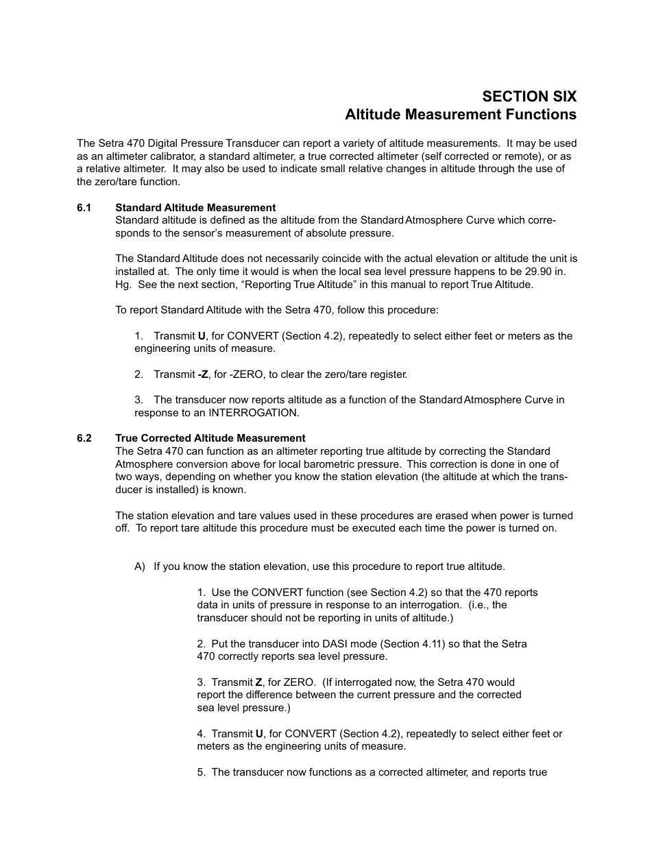 Section six: altitude measurement functions, 1 standard altitude measurement, 2 true corrected altitude measurement | Section six: altitude measurement functions 6.1, Standard altitude measurement, True corrected altitude measurement | Setra System Model 470 User Manual | Page 27 / 35