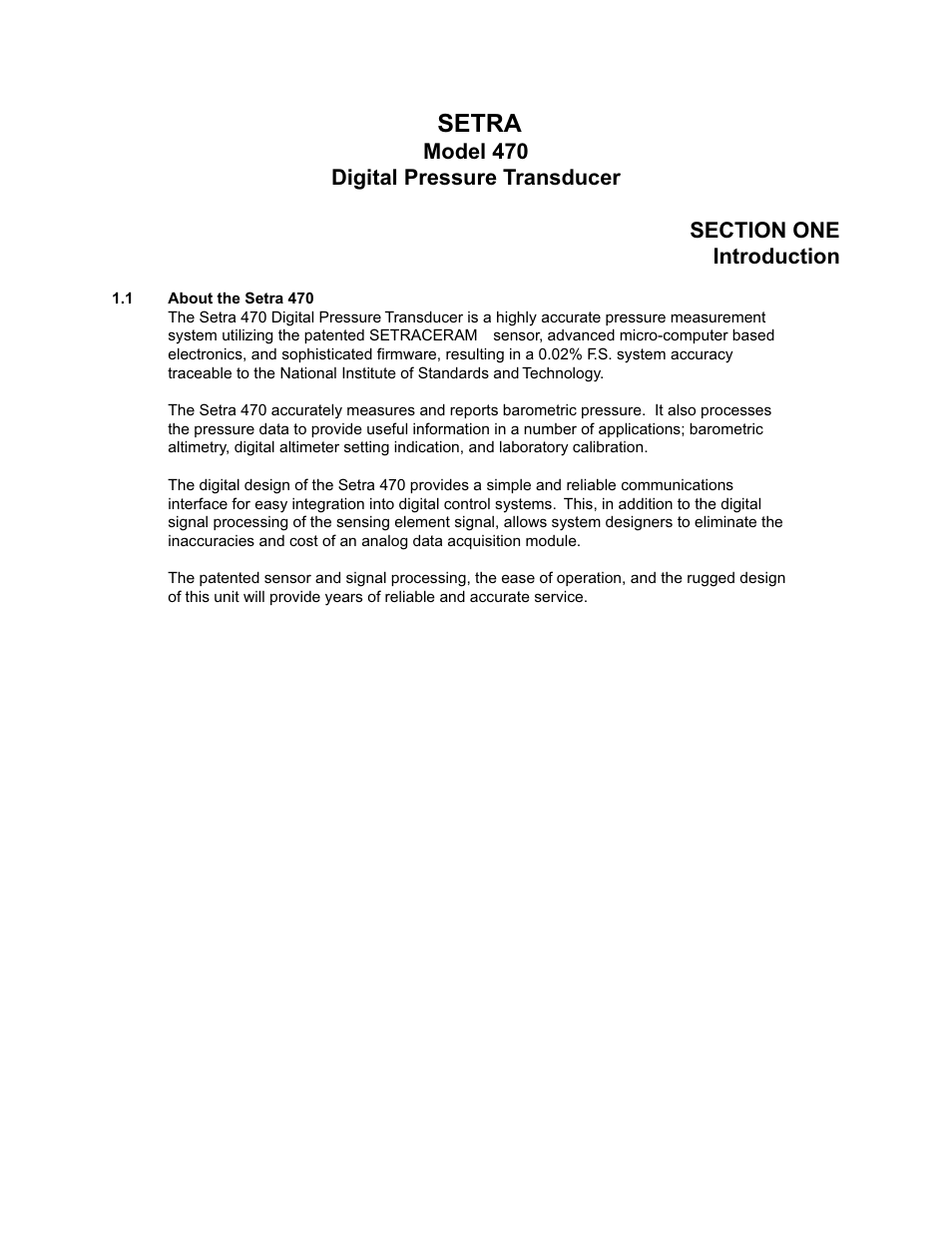 Section one: introduction, 1 about the setra 470, Section one: introduction 1.1 | About the setra 470, Setra | Setra System Model 470 User Manual | Page 3 / 35