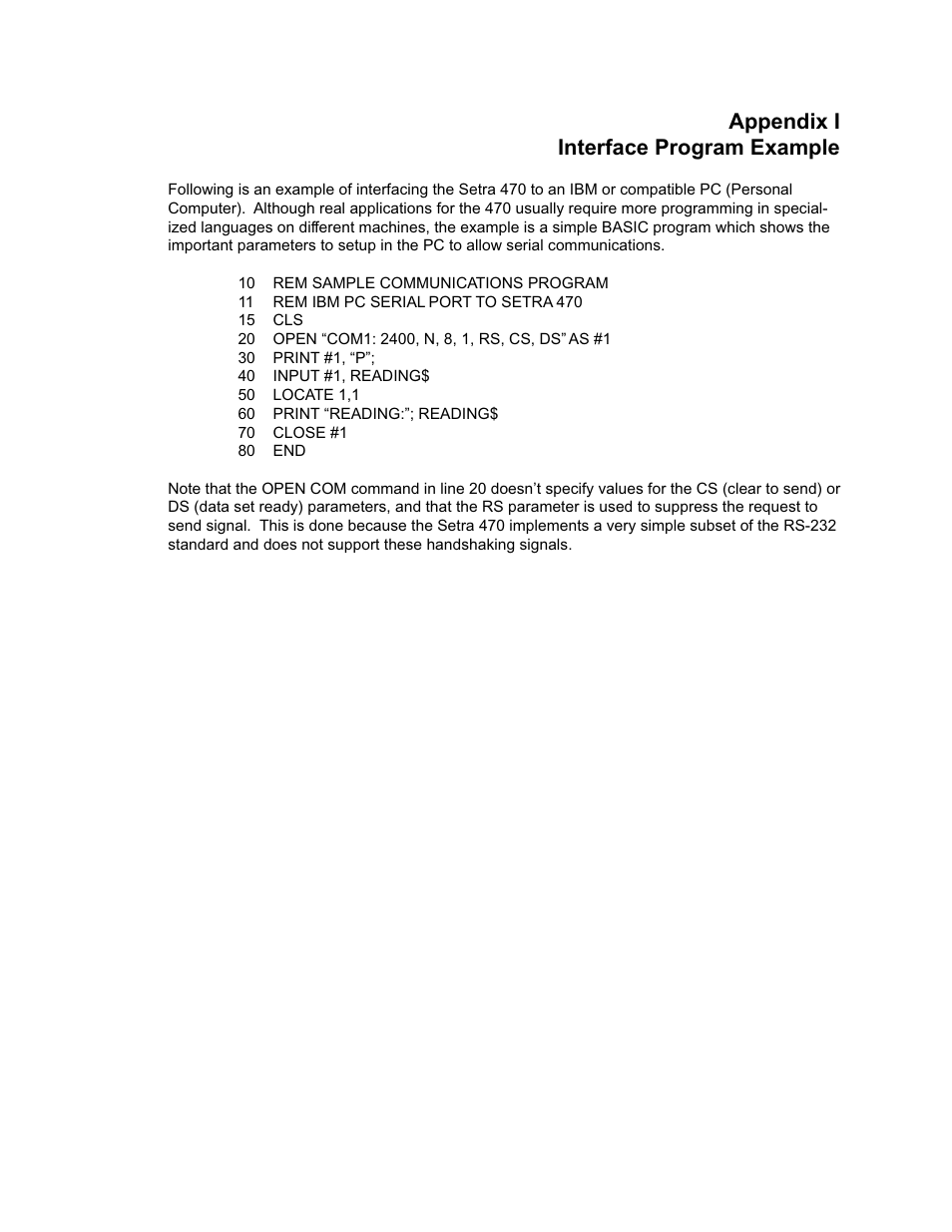 Appendix i, Interface program example, Interface program example specifications | Appendix i interface program example | Setra System Model 470 User Manual | Page 33 / 35