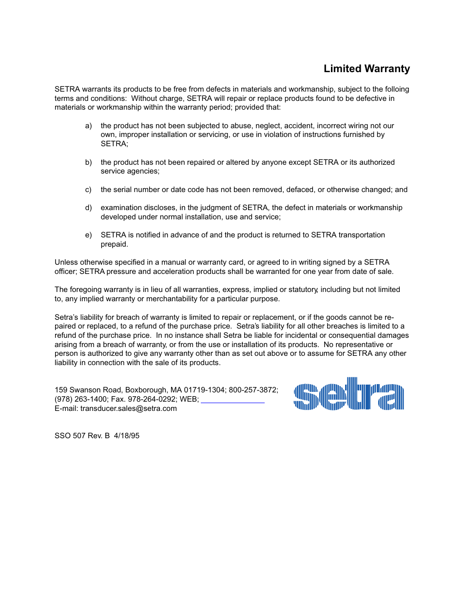 Limited warranty | Setra System Model 470 User Manual | Page 35 / 35