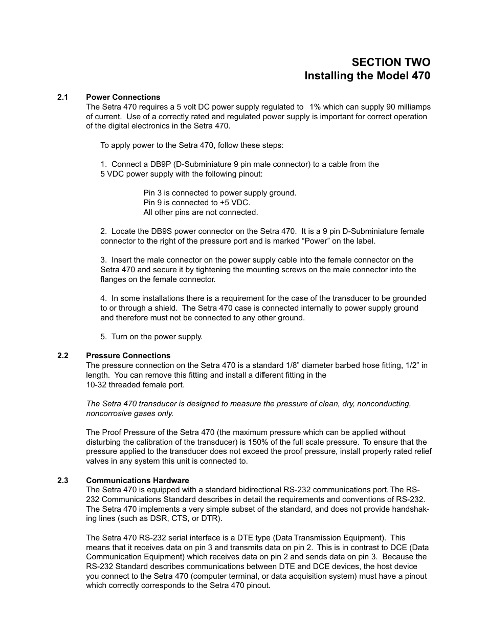 Section two: installing the model 470, 1 power connections, 2 pressure connections | 3 communications hardware, Section two: installing the model 470 2.1, Power connections, Pressure connections, Communications hardware | Setra System Model 470 User Manual | Page 5 / 35