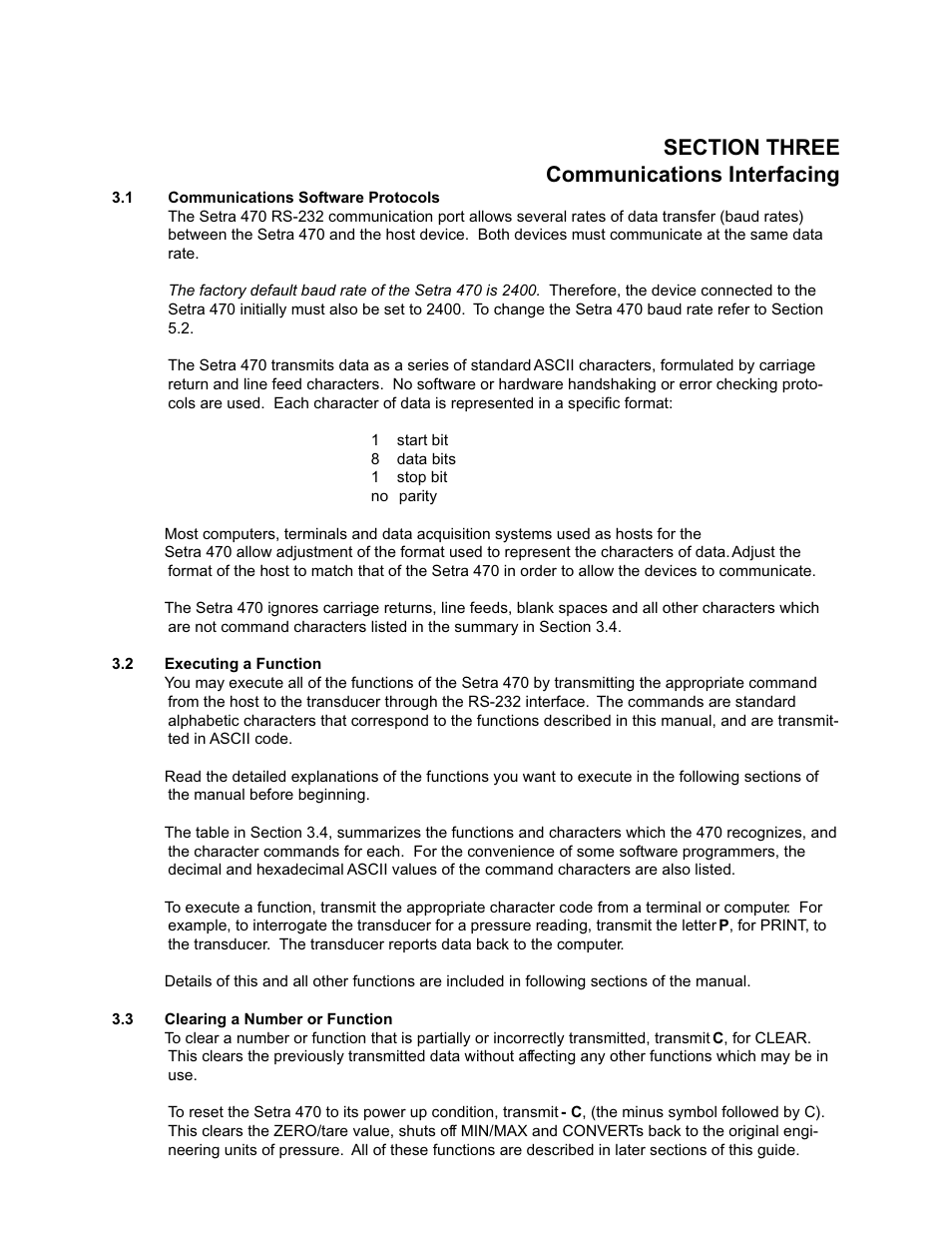 Section three: communications interfacing, 1 communications software protocols, 2 executing a function | 3 clearing a number or function, Section three: communications interfacing 3.1, Communications software protocols, Executing a function, Clearing a number or function | Setra System Model 470 User Manual | Page 7 / 35
