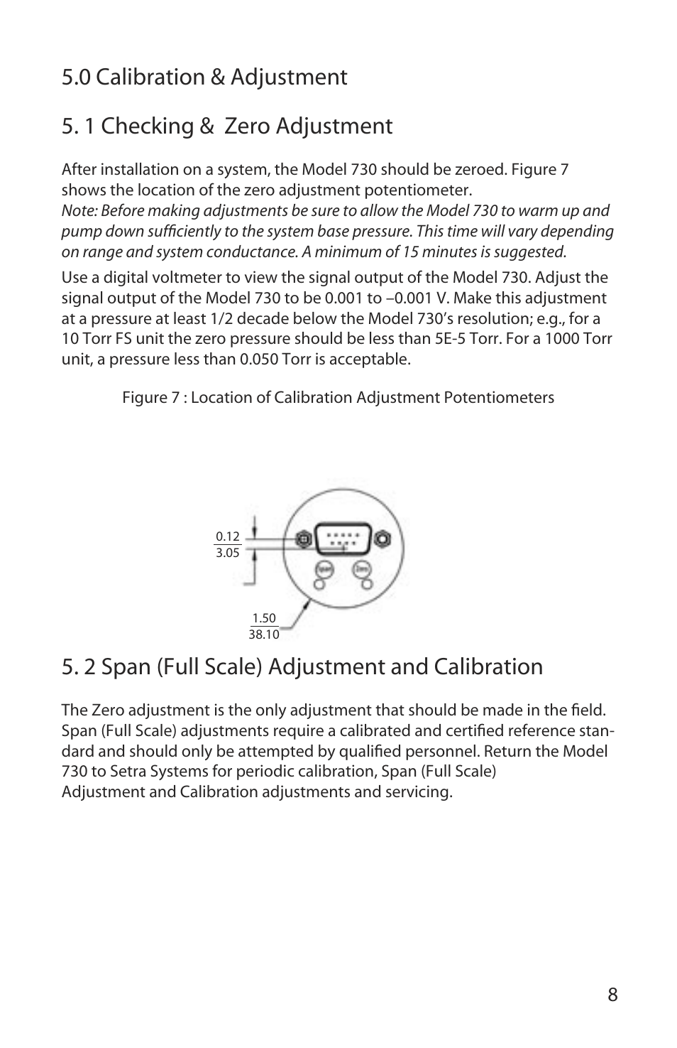 2 span (full scale) adjustment and calibration | Setra System Model 730 User Manual | Page 11 / 16