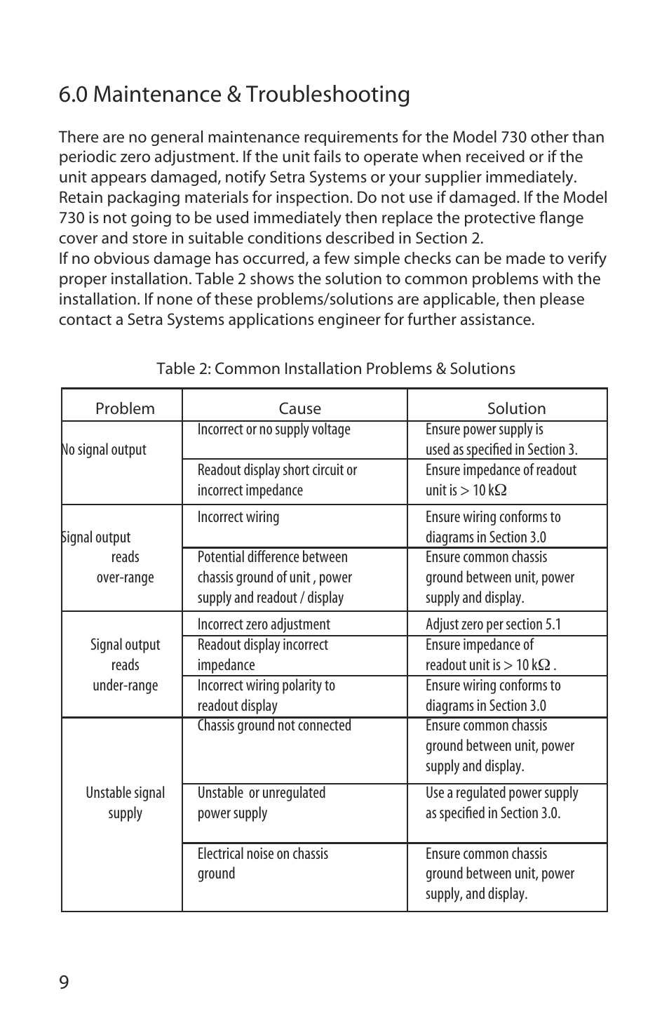0 maintenance & troubleshooting | Setra System Model 730 User Manual | Page 12 / 16