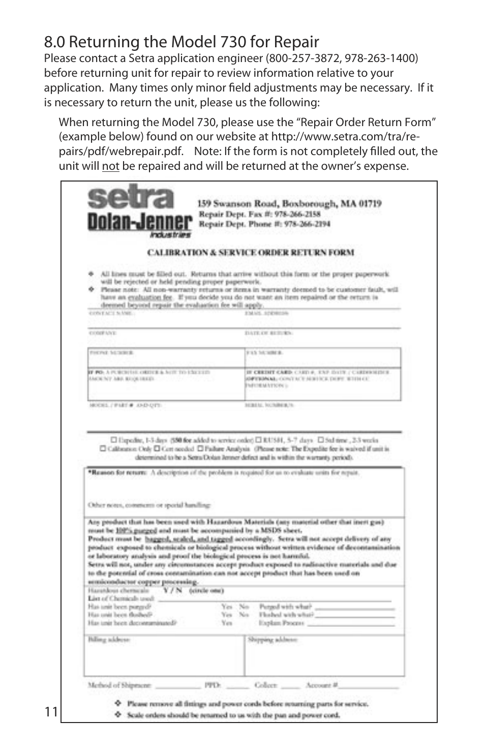 0 returning the model 730 for repair | Setra System Model 730 User Manual | Page 14 / 16