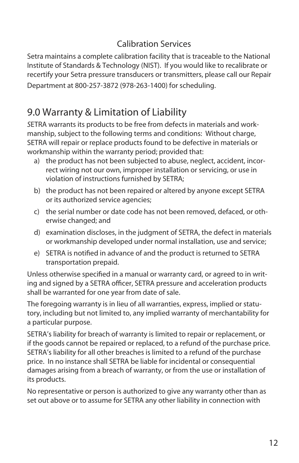 0 warranty & limitation of liability | Setra System Model 730 User Manual | Page 15 / 16