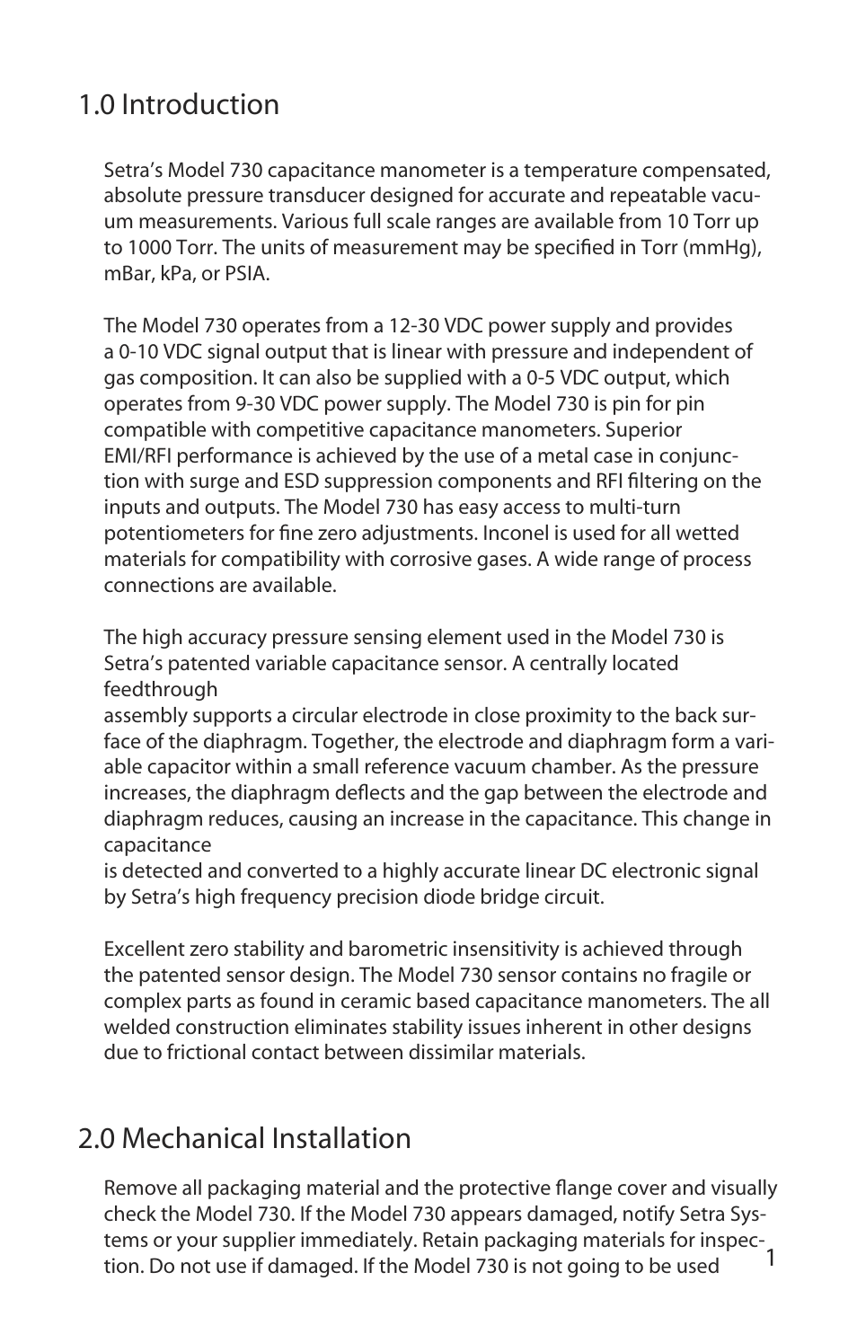 0 introduction, 0 mechanical installation | Setra System Model 730 User Manual | Page 4 / 16