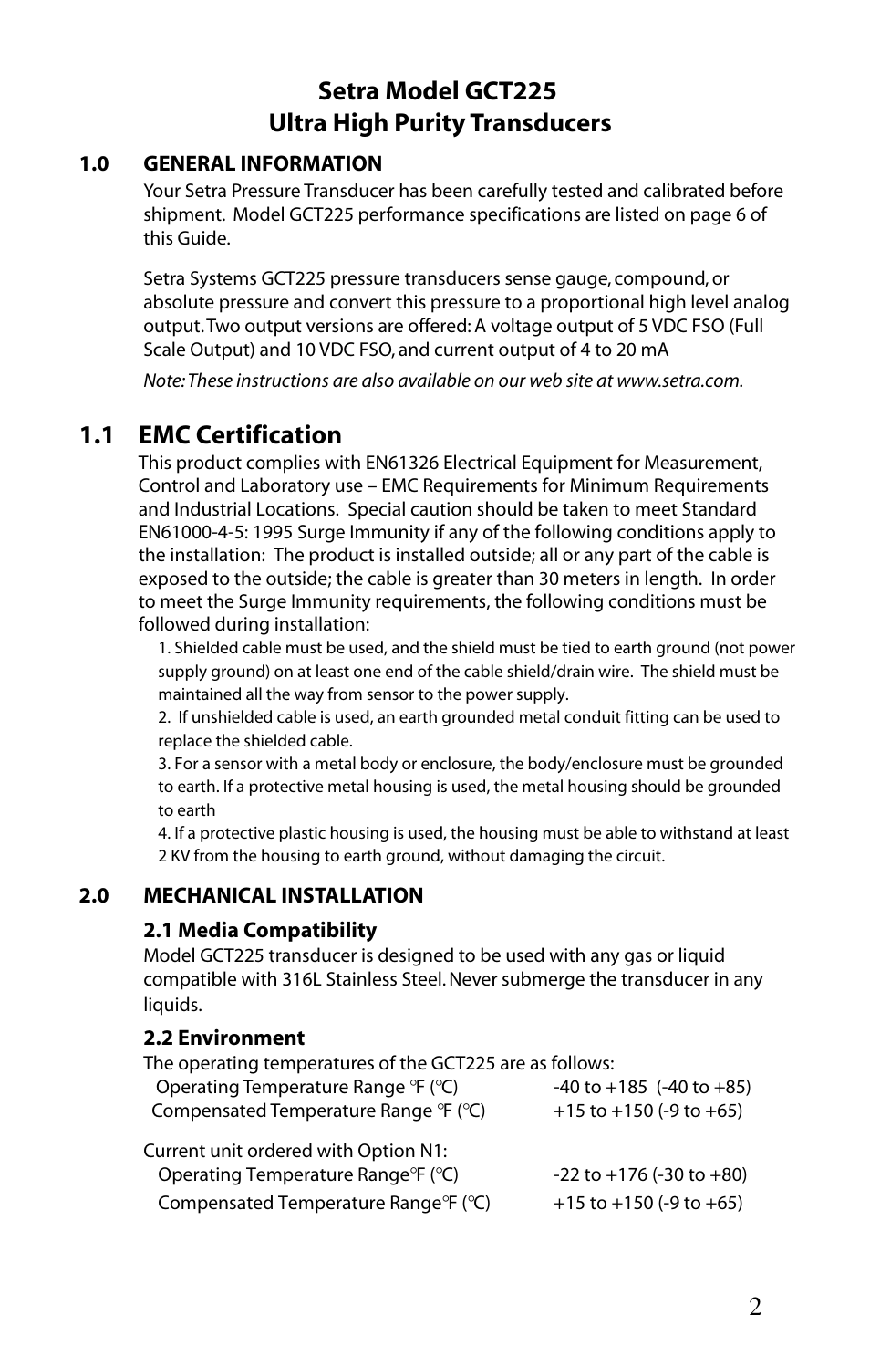 2setra model gct225 ultra high purity transducers, 1 emc certification | Setra System GCT-225 User Manual | Page 2 / 8