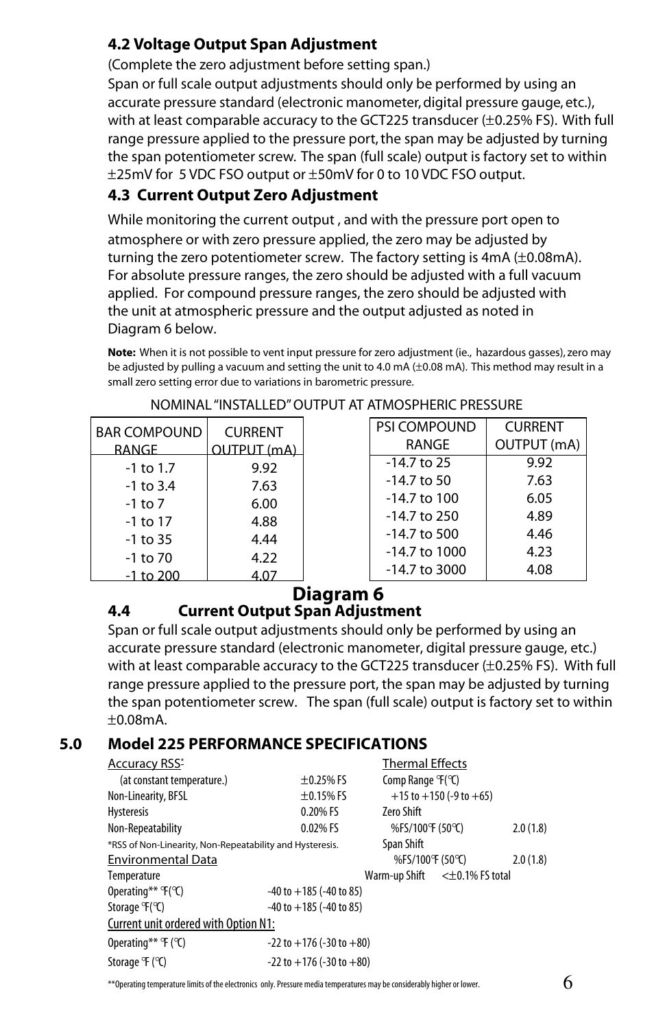 Diagram 6, 2 voltage output span adjustment, 3 current output zero adjustment | 4 current output span adjustment, 0 model 225 performance specifications | Setra System GCT-225 User Manual | Page 6 / 8