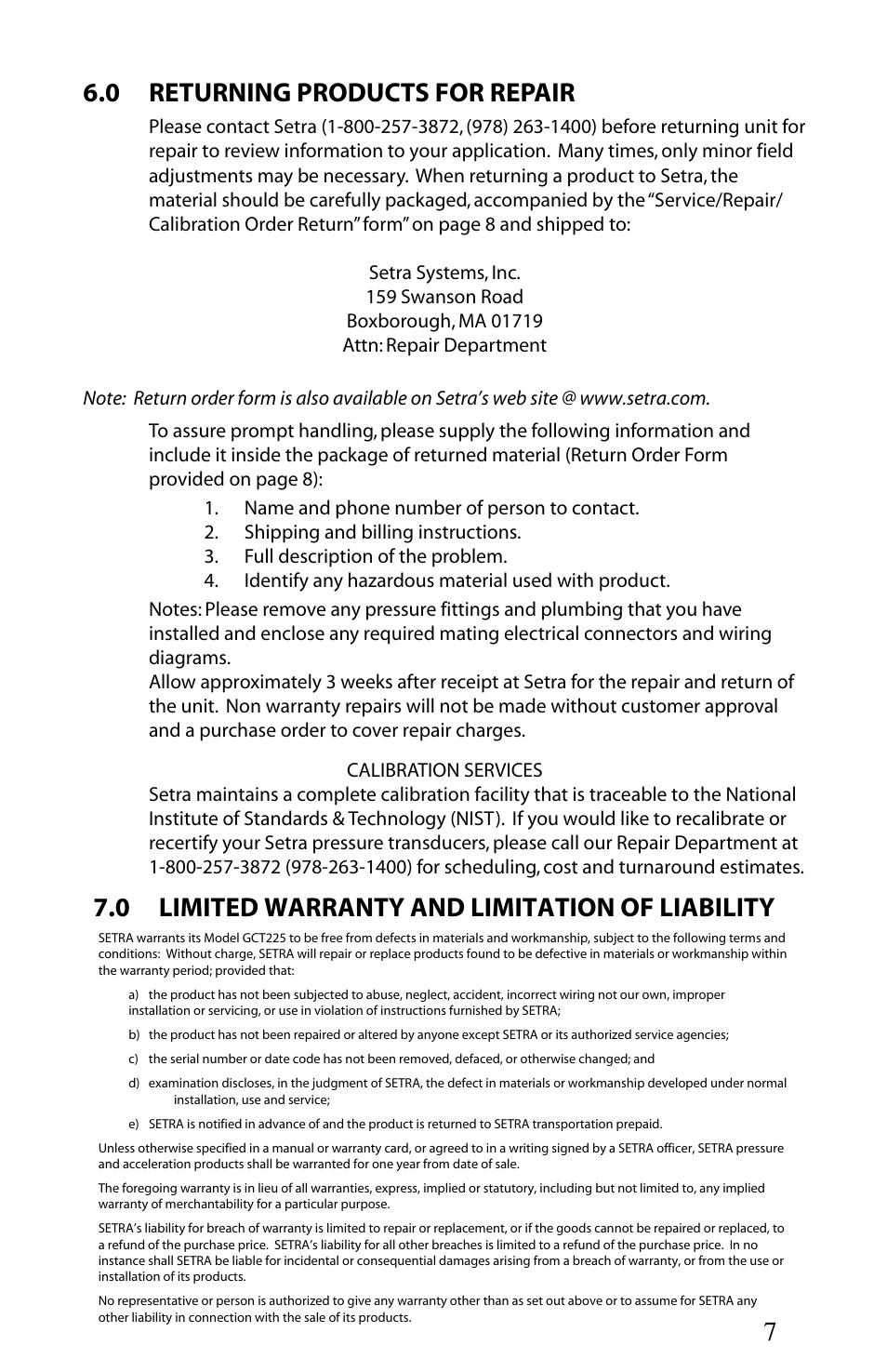 0 returning products for repair, 0 limited warranty and limitation of liability | Setra System GCT-225 User Manual | Page 7 / 8