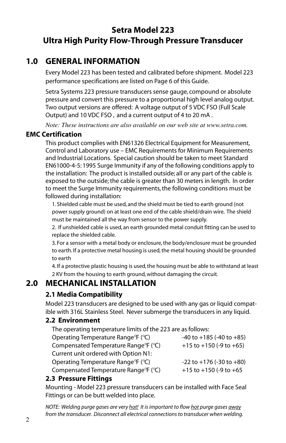 0 mechanical installation | Setra System Model 223 User Manual | Page 2 / 8
