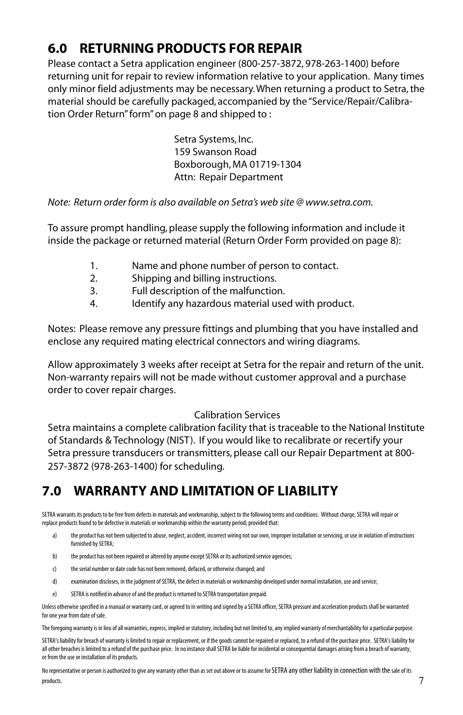 0 returning products for repair, 0 warranty and limitation of liability | Setra System Model 223 User Manual | Page 7 / 8