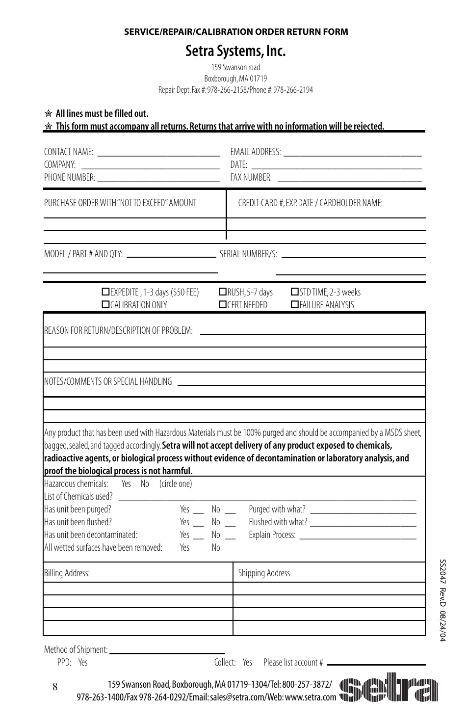 Setra systems, inc | Setra System Model 223 User Manual | Page 8 / 8